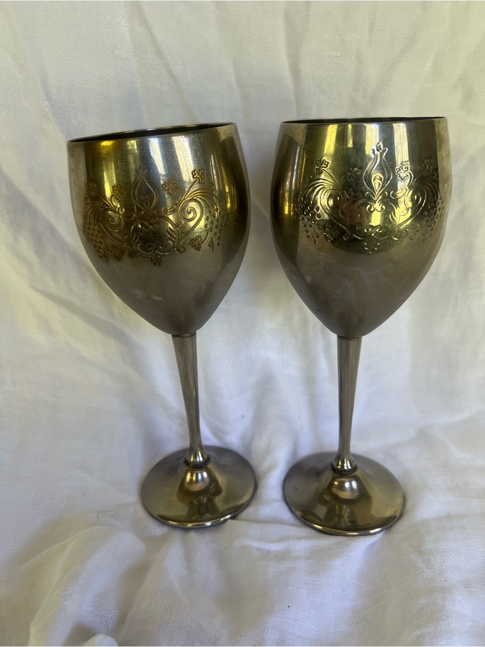 Decorative Silver Plate over Brass Etched Wine Goblet Pair
